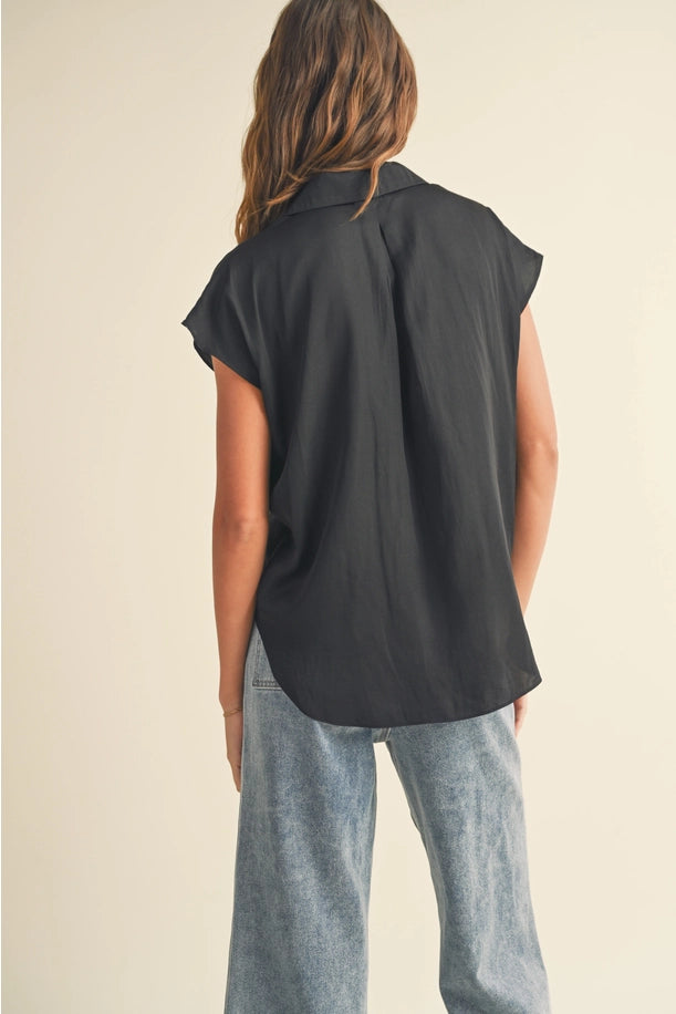 BUTTON DOWN CAP SLEEVE SHIRTS in Black