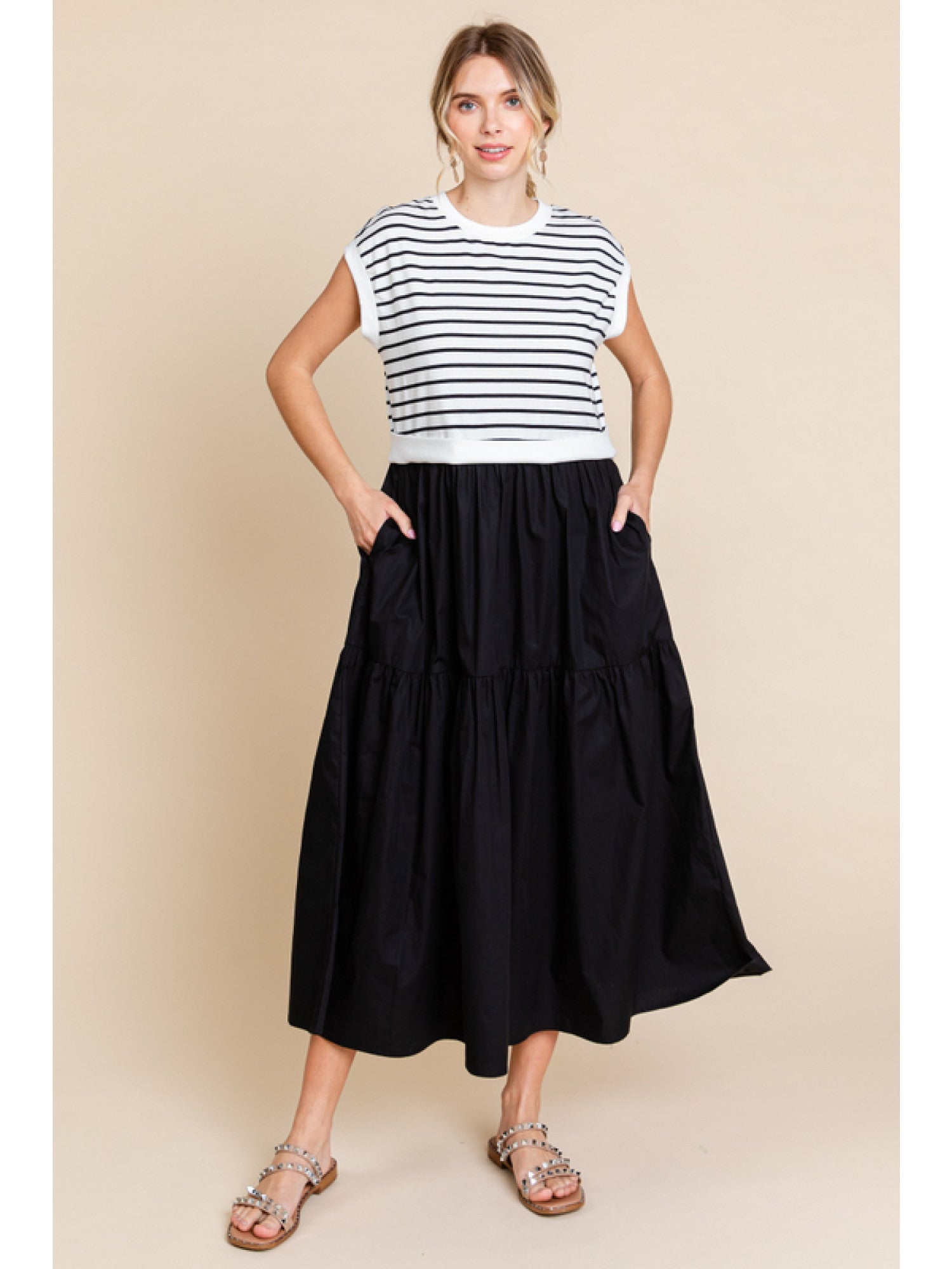 Half-Striped A-Line Midi Dress