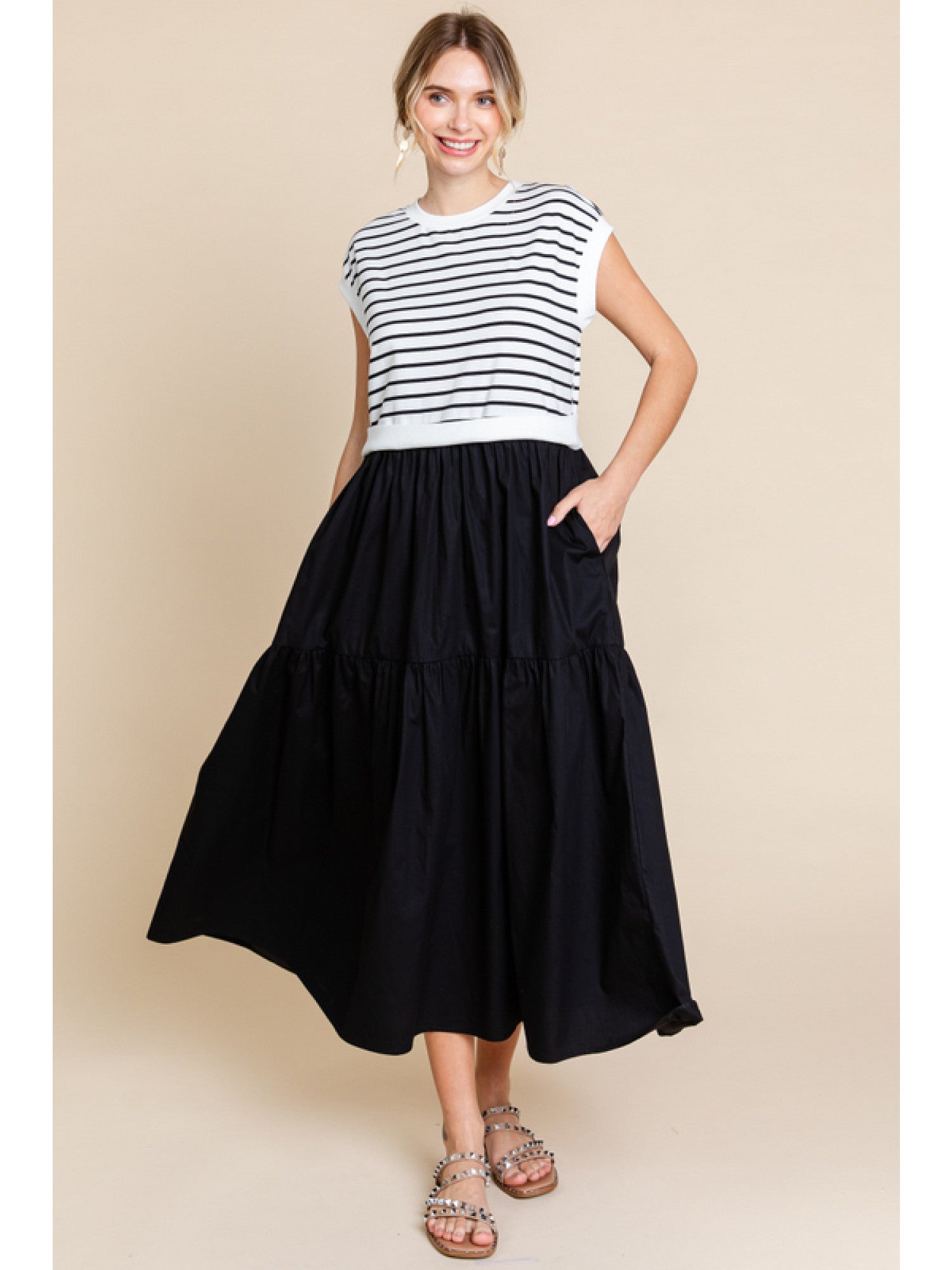 Half-Striped A-Line Midi Dress