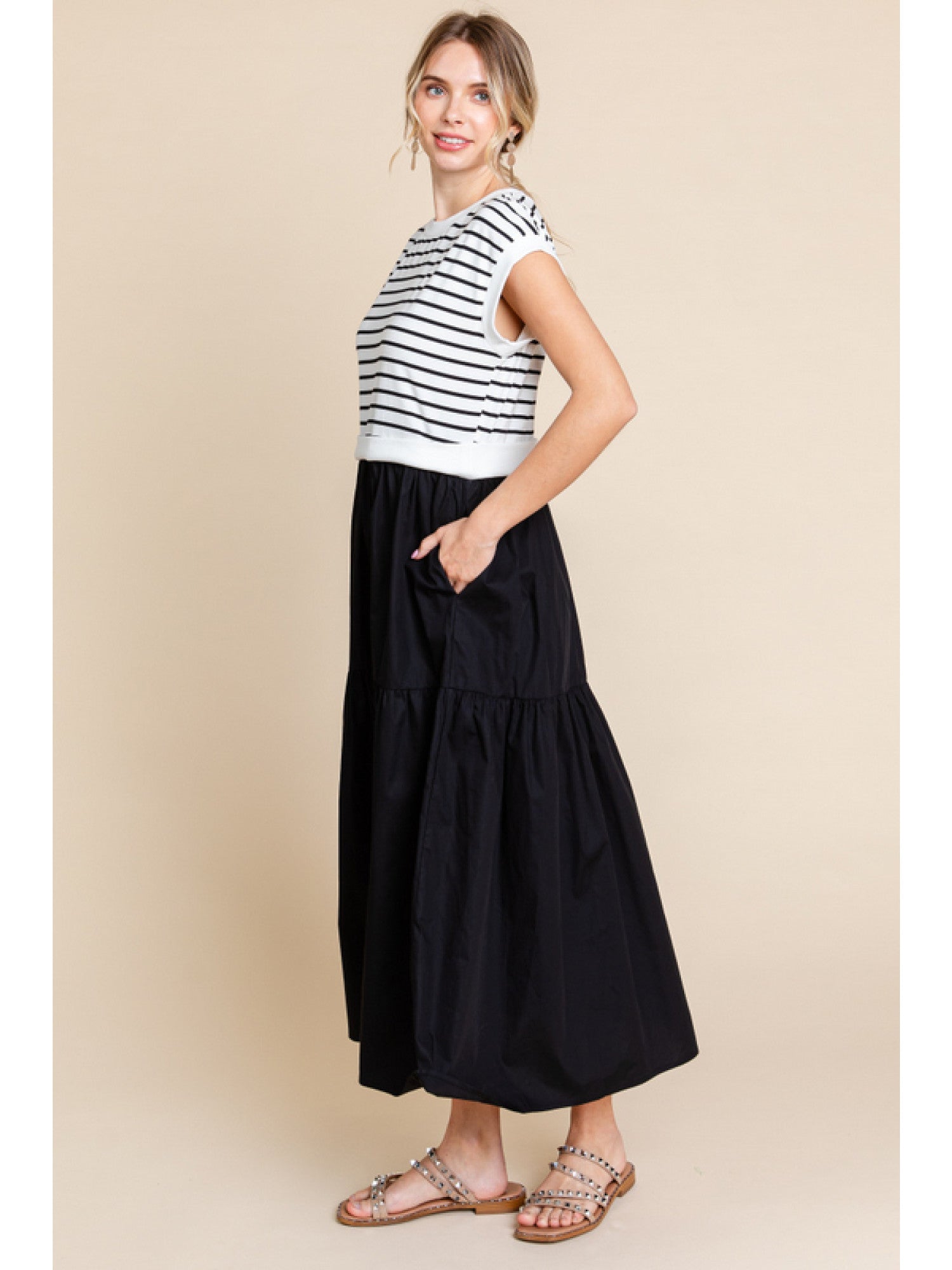 Half-Striped A-Line Midi Dress