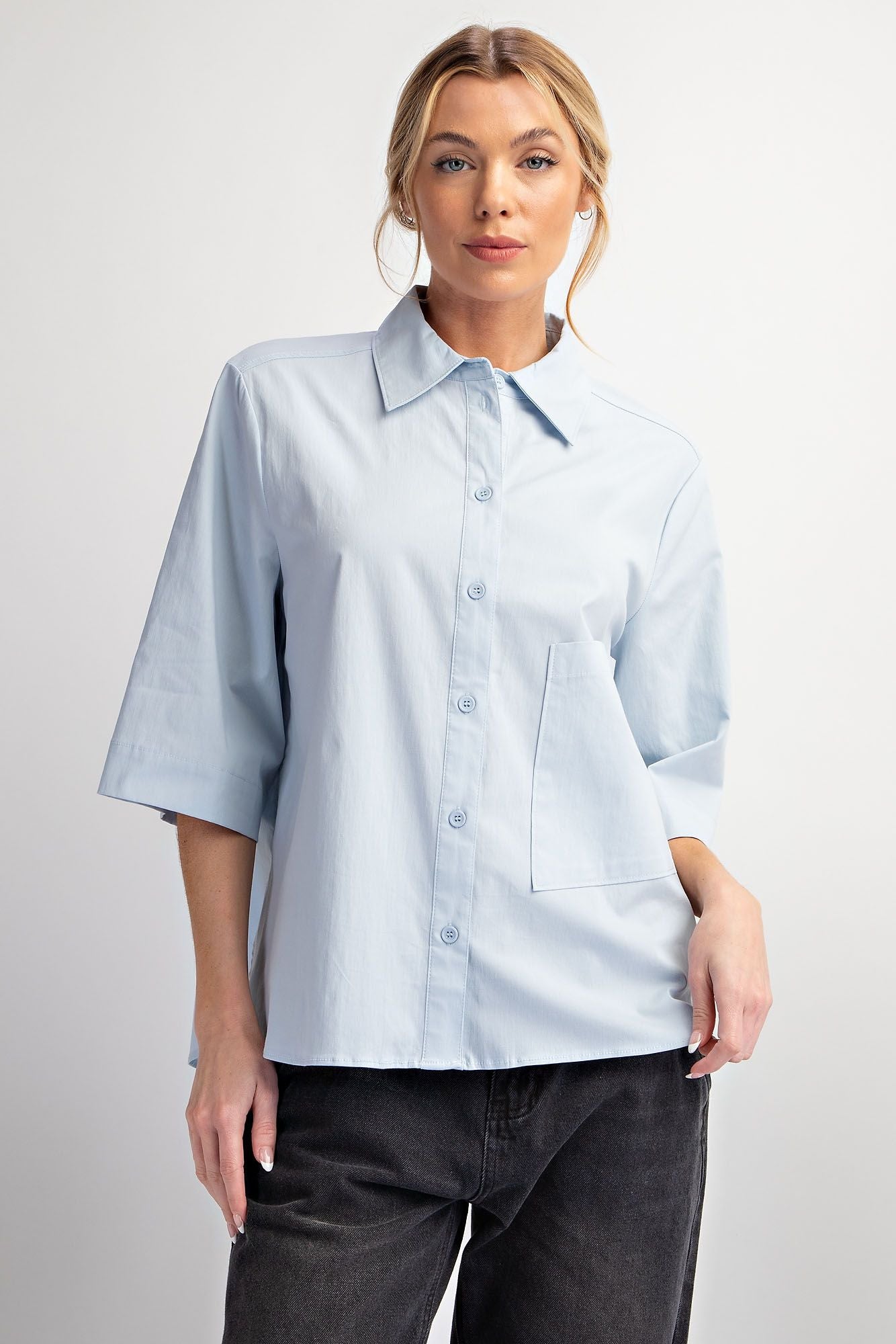 Half Sleeve Stretch Poplin Shirt in Skye Blue
