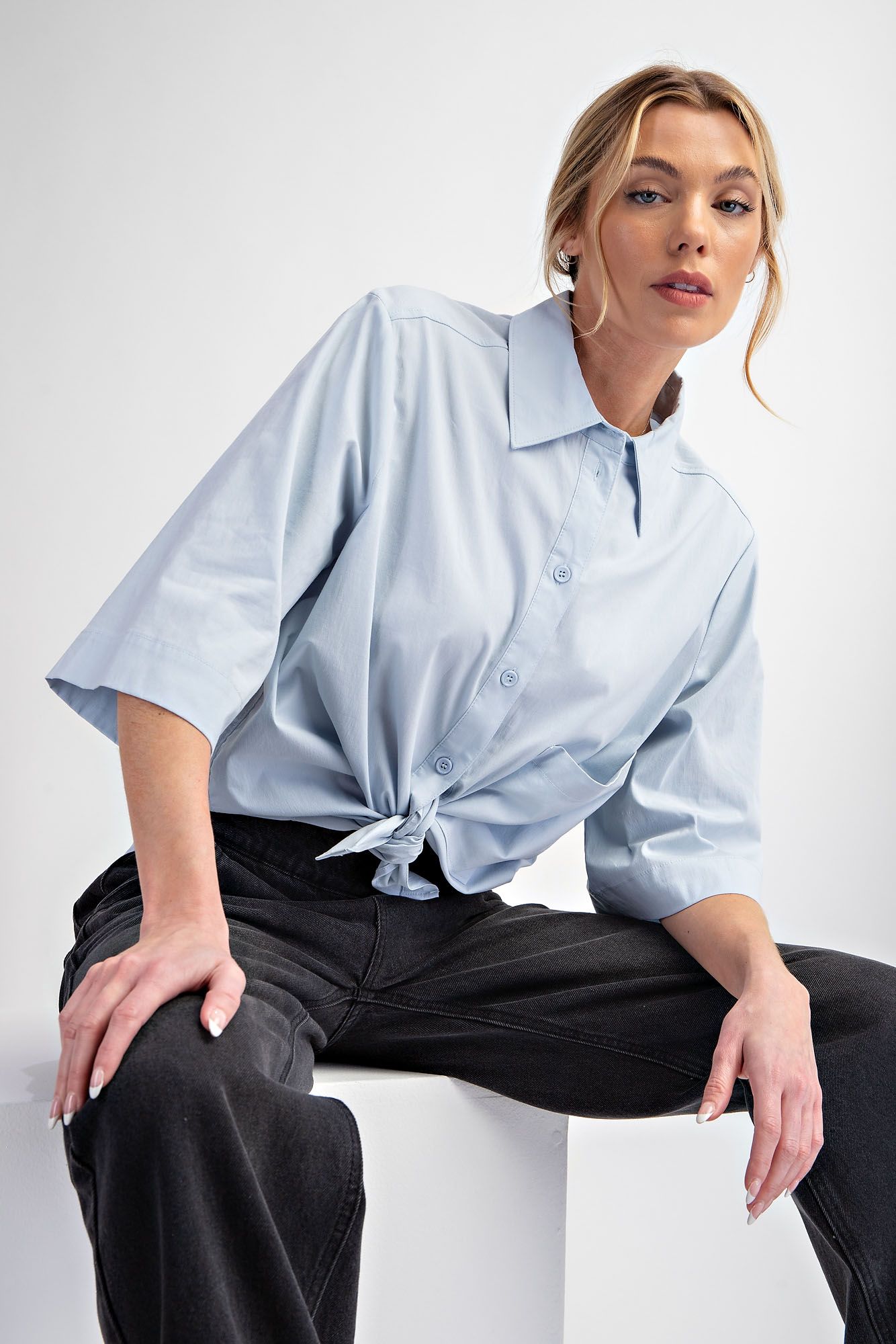 Half Sleeve Stretch Poplin Shirt in Skye Blue