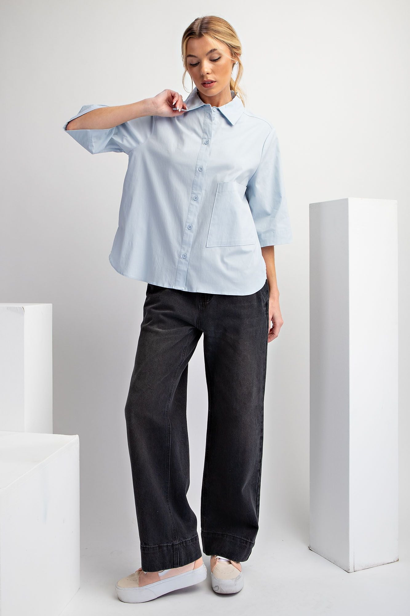 Half Sleeve Stretch Poplin Shirt in Skye Blue