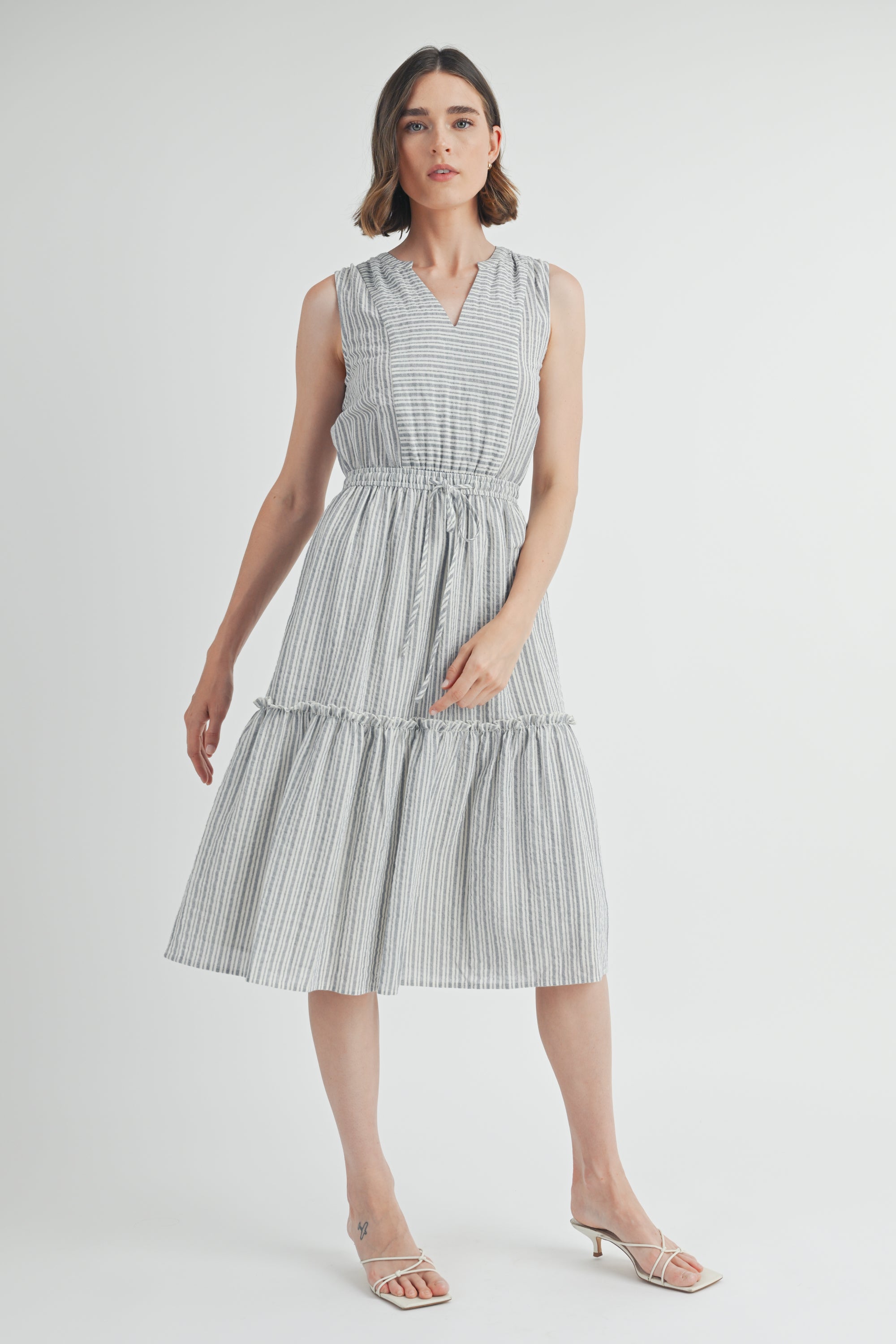 Blue Stripe V Neck Sleeveless Midi Dress