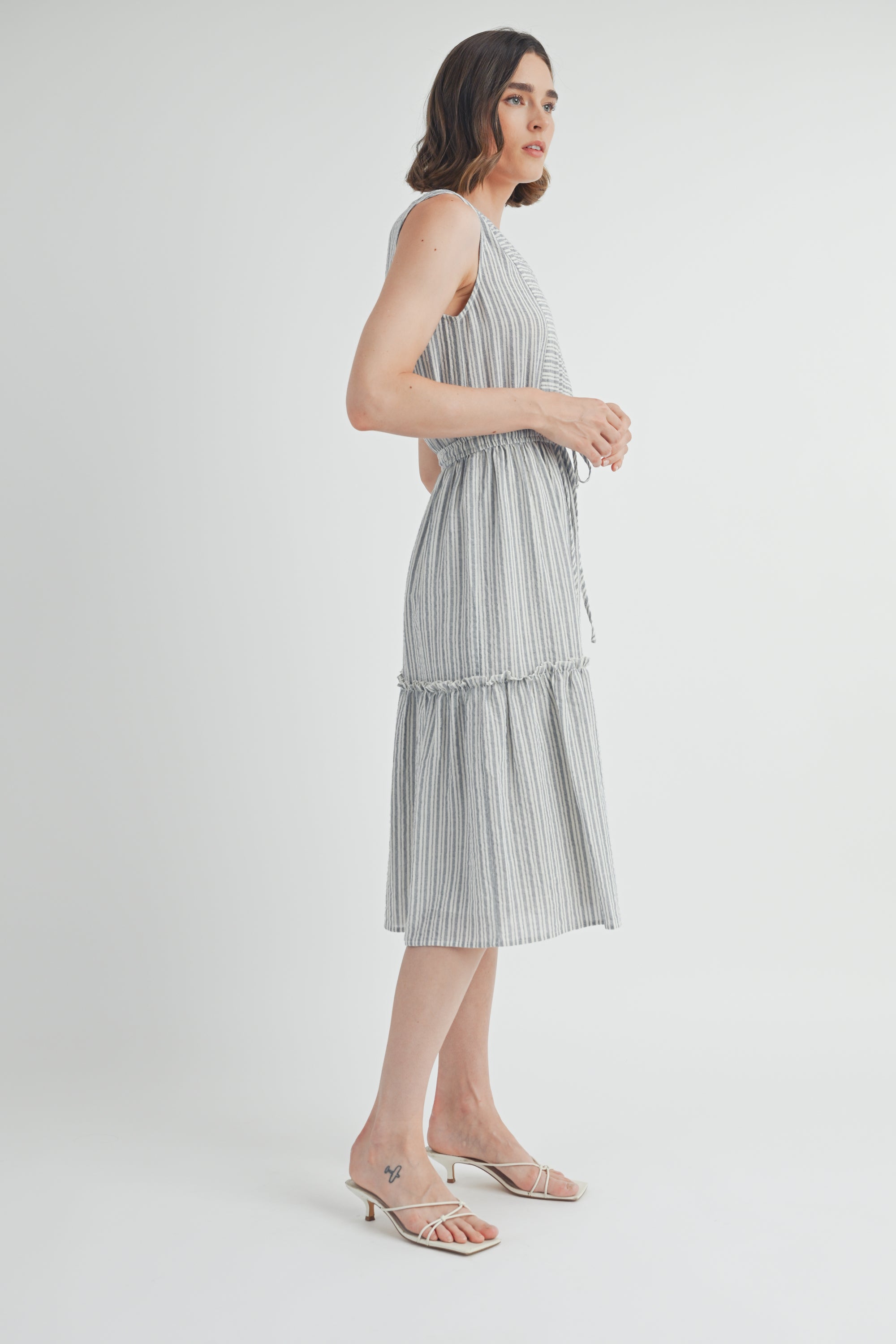Blue Stripe V Neck Sleeveless Midi Dress