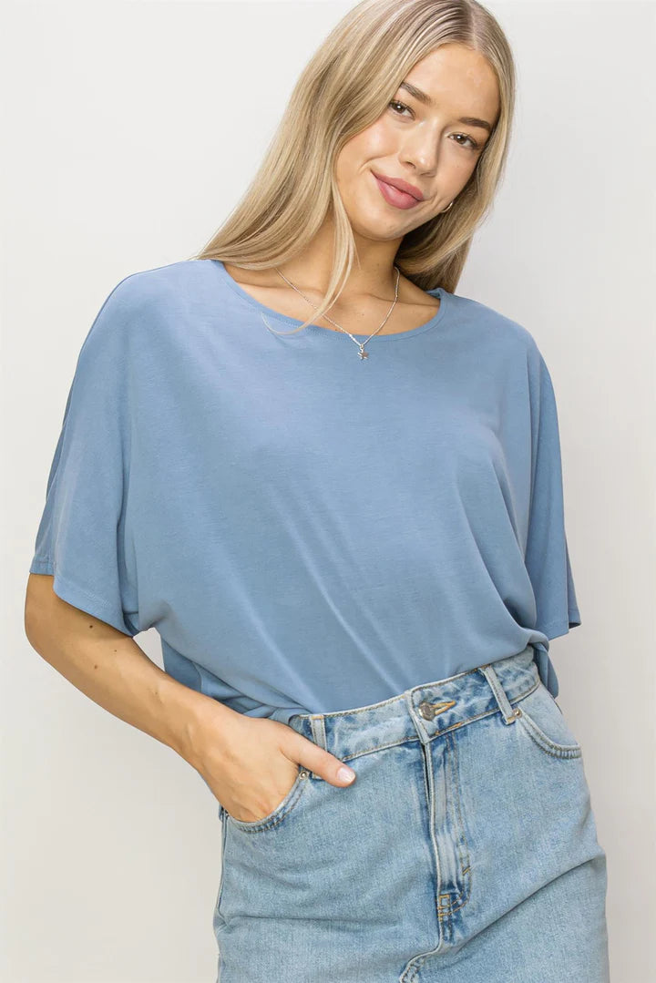 Short Sleeve Dolman Top in Gray Blue