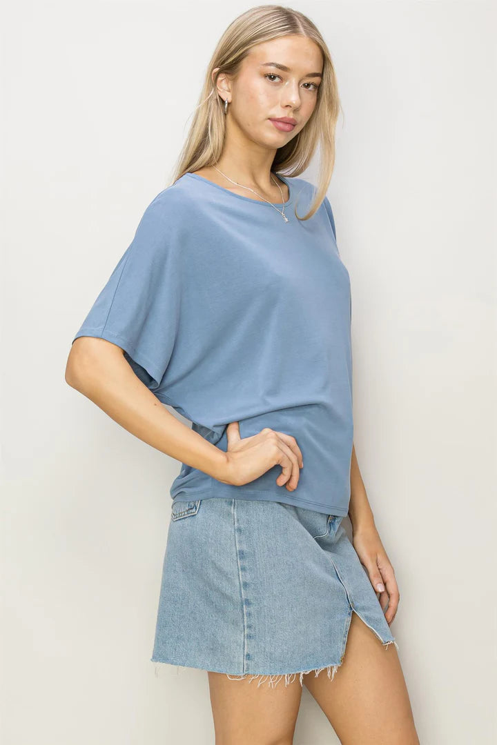 Short Sleeve Dolman Top in Gray Blue