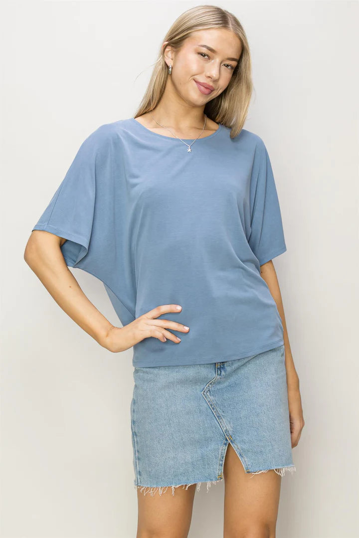 Short Sleeve Dolman Top in Gray Blue