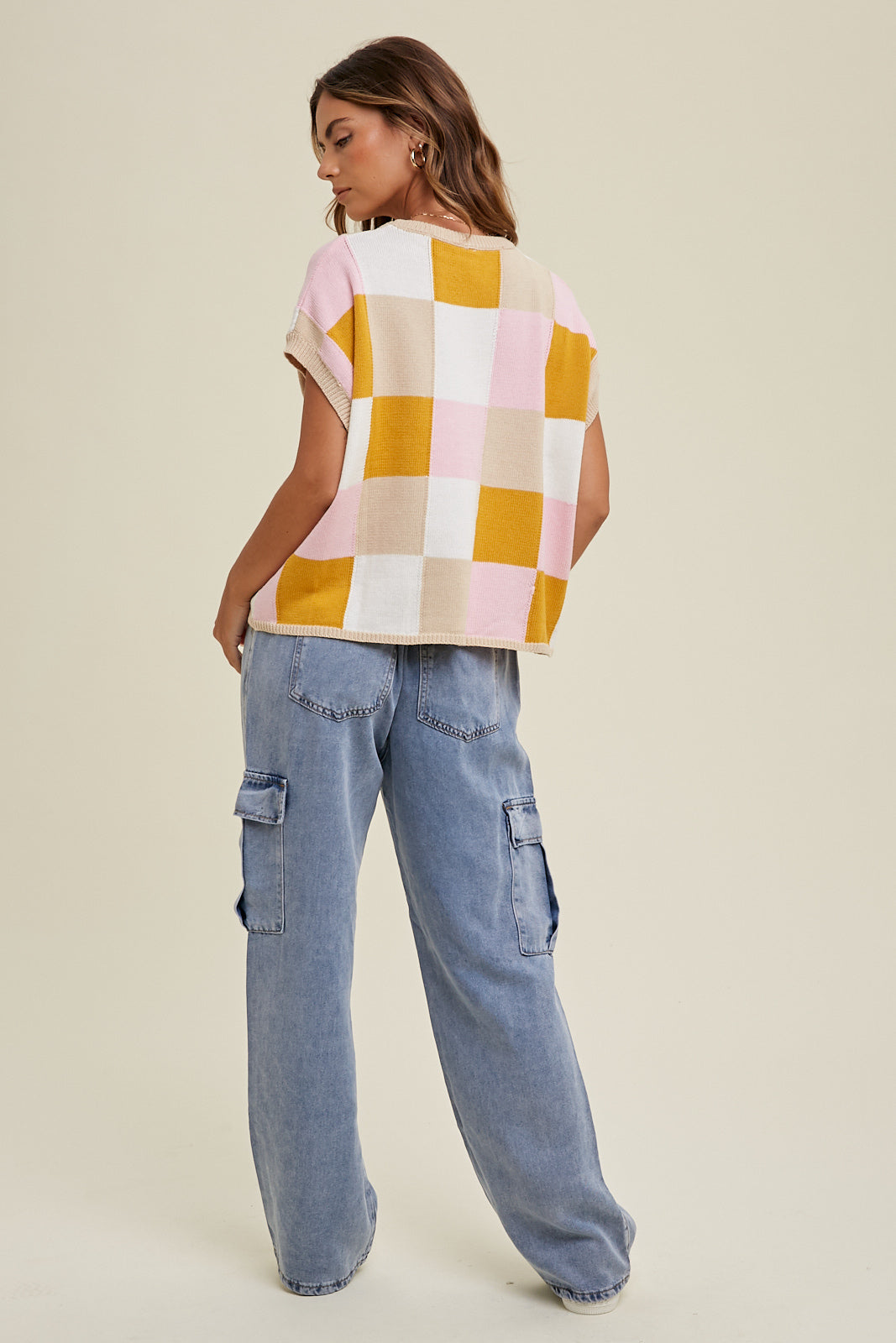 Checkered Sweater in Taupe/ Rose