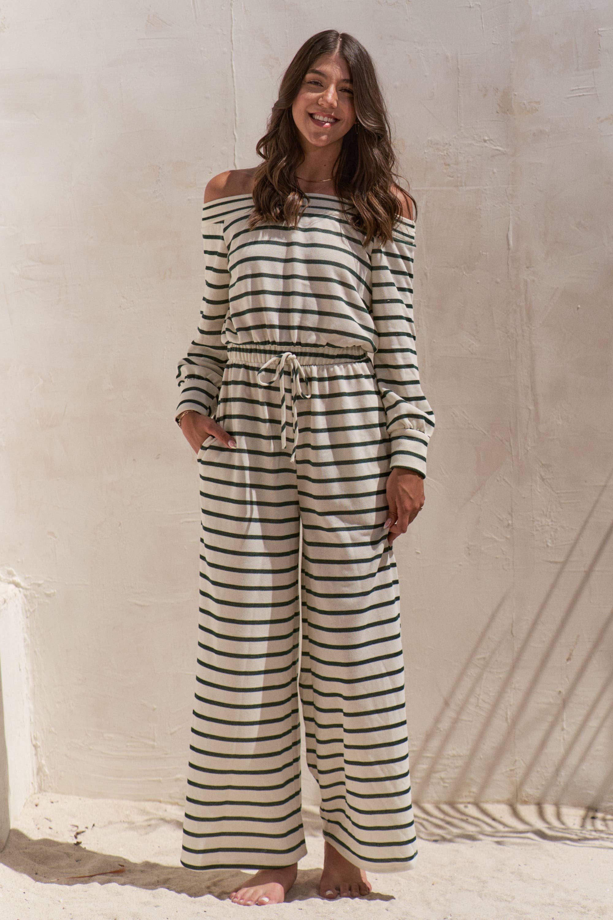 OFF-SHOULDER STRIPED TERRY JUMPSUIT in White/Green