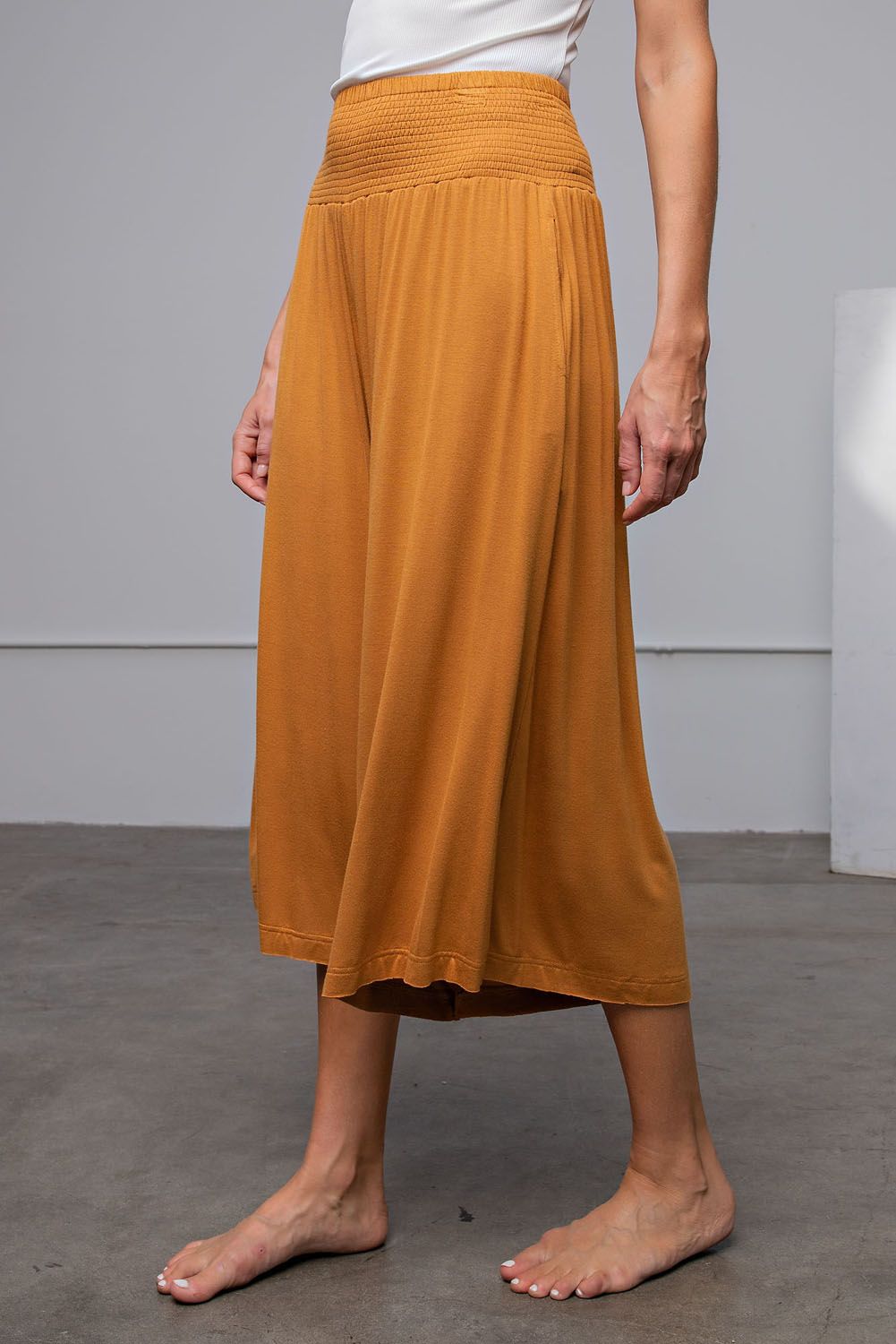 Smocked waistband crop pants in Camel