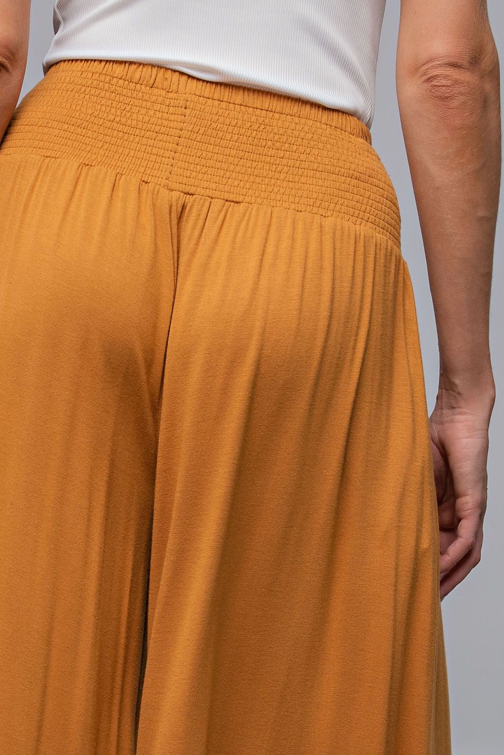 Smocked waistband crop pants in Camel