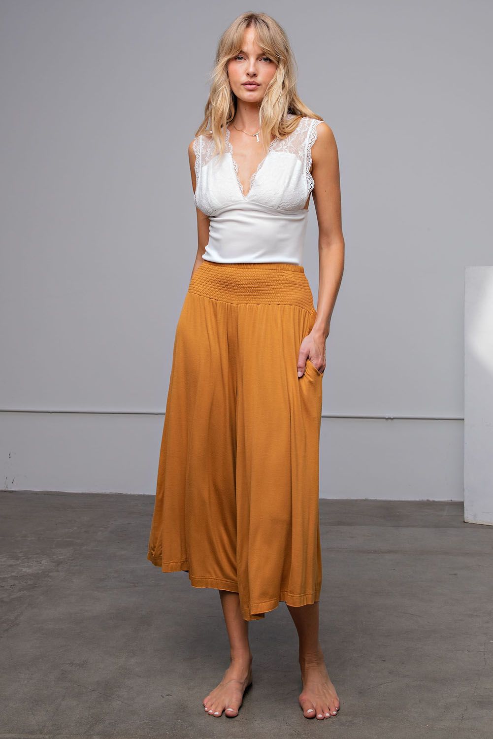 Smocked waistband crop pants in Camel