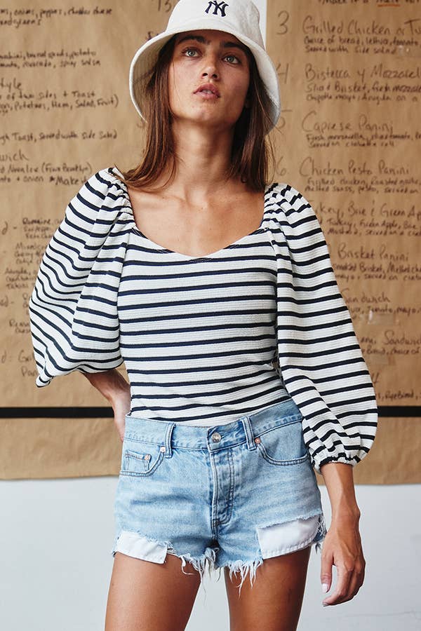 Lantern Sleeve Striped Bodysuit