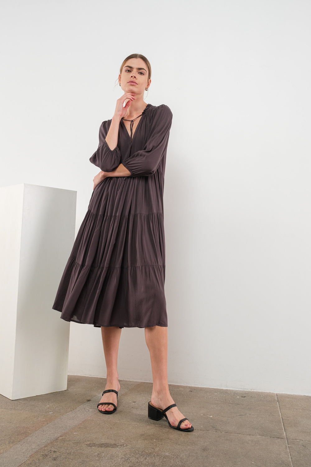 Ruffled Neck Tiered Dress in Charcoal