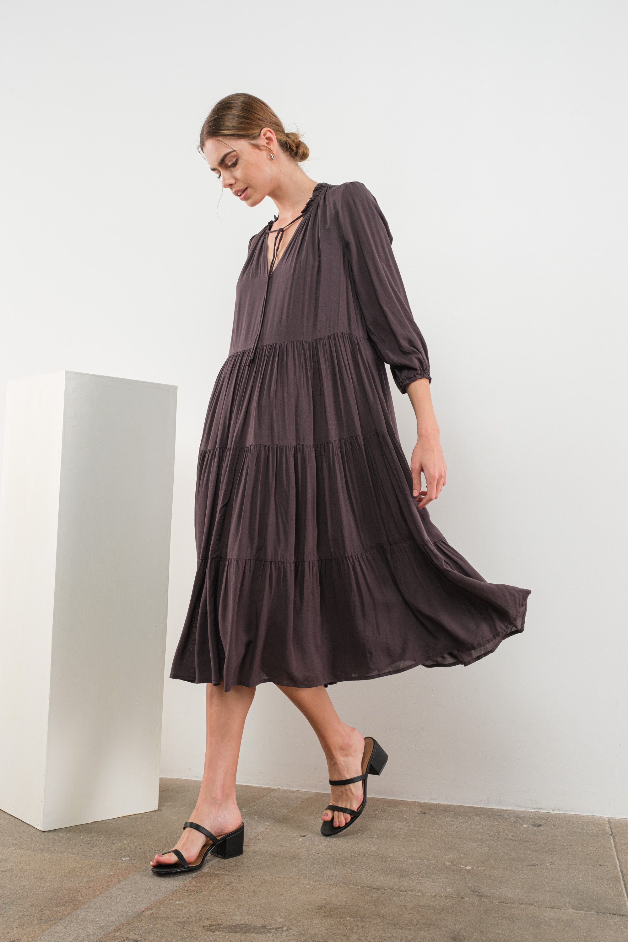 Ruffled Neck Tiered Dress in Charcoal