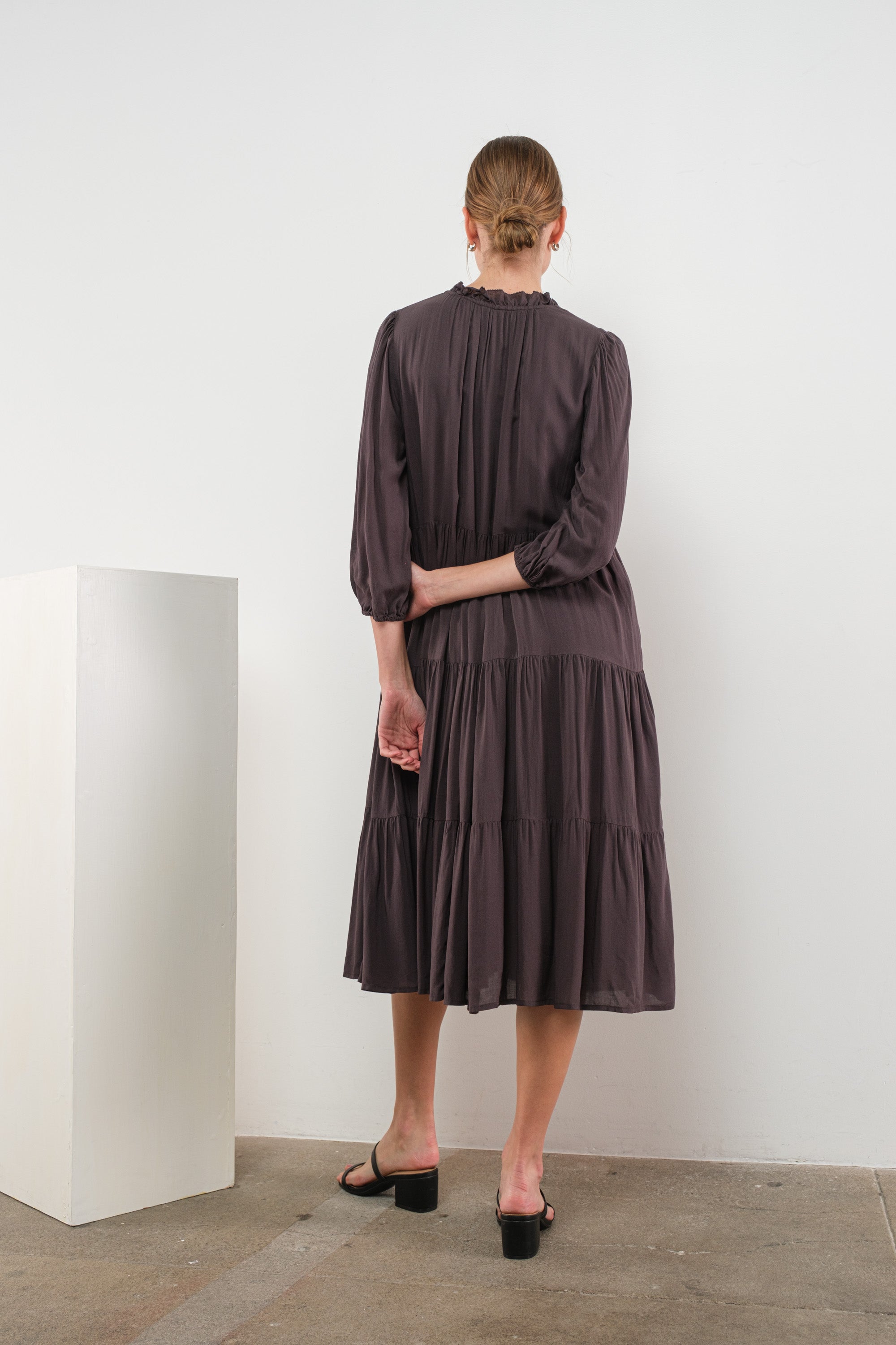 Ruffled Neck Tiered Dress in Charcoal