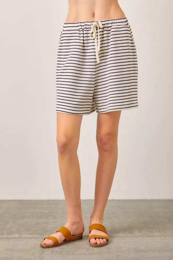 Cream and Navy Striped Knit Shorts