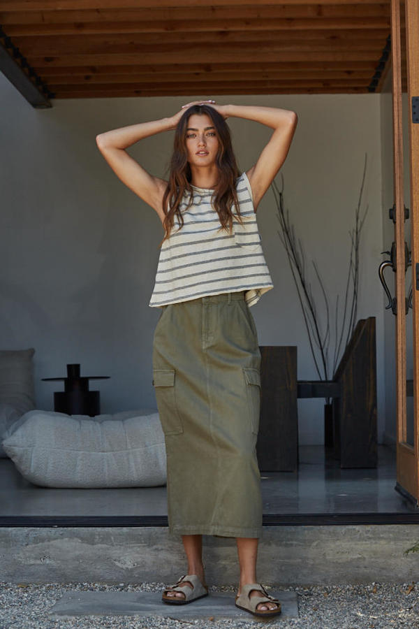 Cotton Rayon Sleeveless Stripe Top in Linen Black