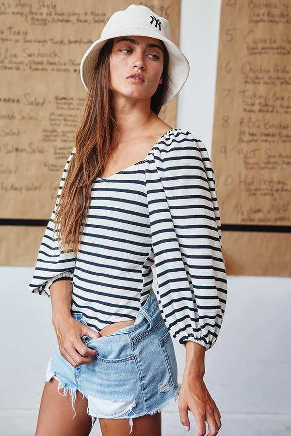Lantern Sleeve Striped Bodysuit