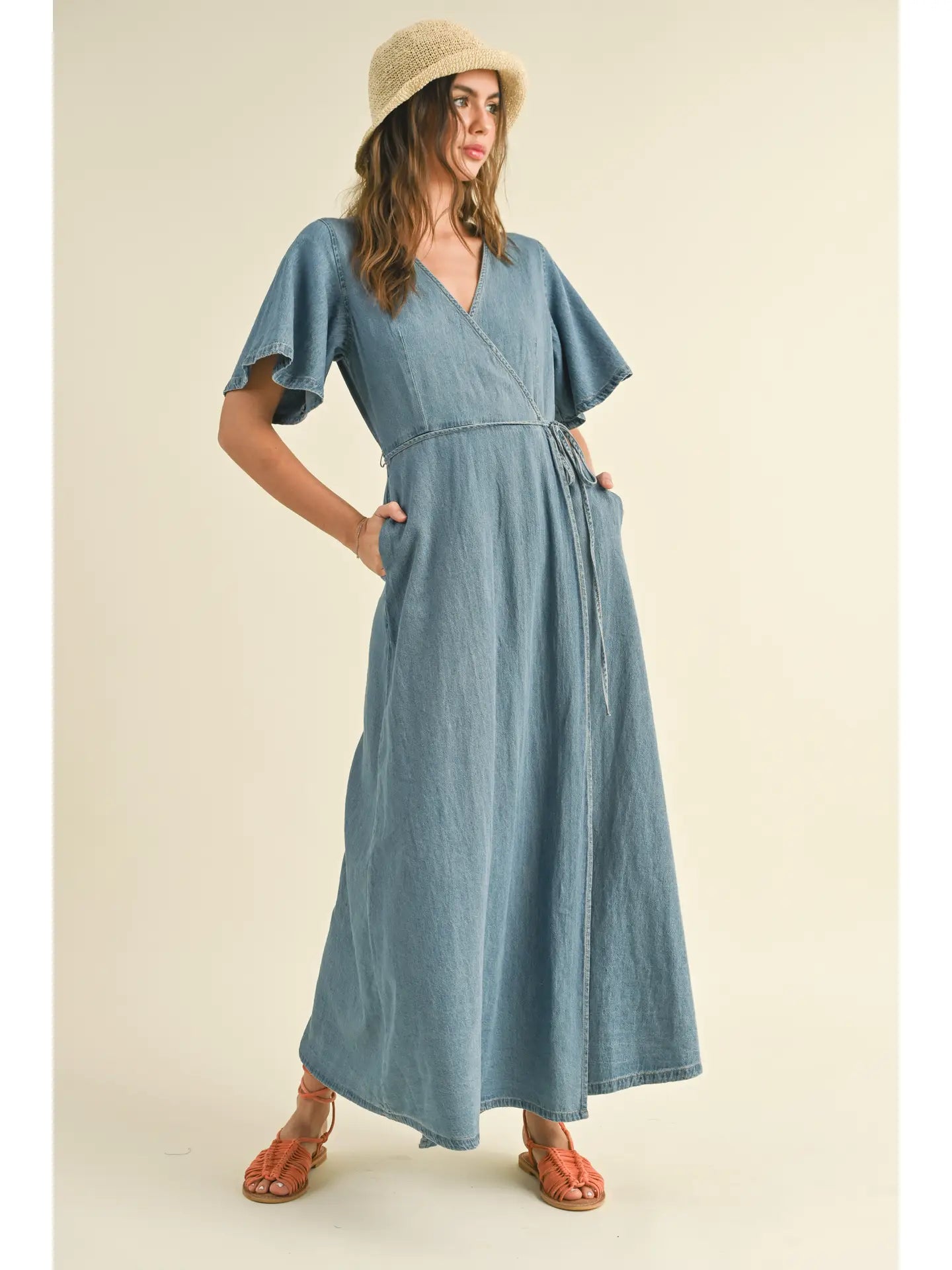 New Denim Dress Wrap Style Ruffle Dress main image 0