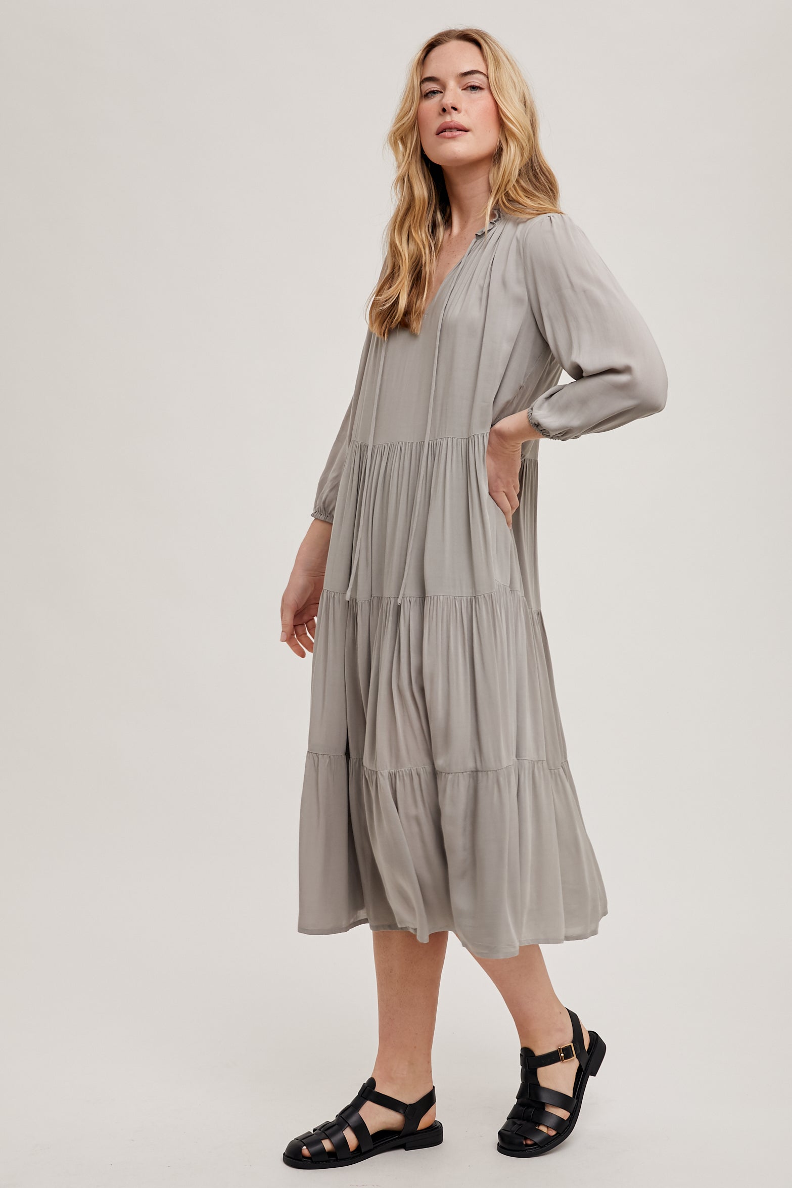 Ruffled Neck Tiered Dress in Sage