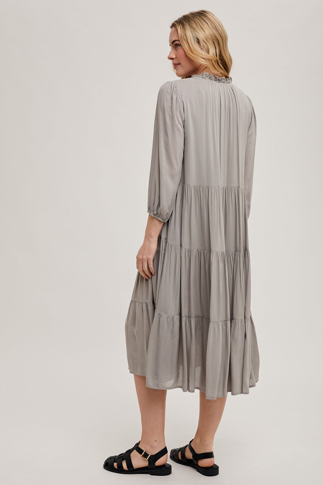 Ruffled Neck Tiered Dress in Sage
