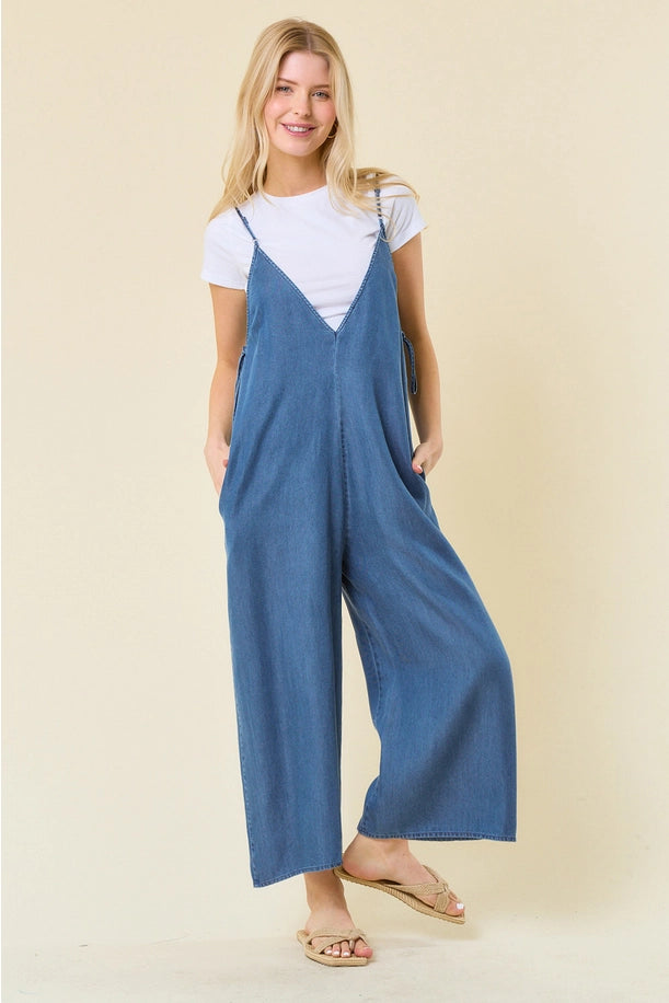 Tencel V-neck Jumpsuit in Medium Denim