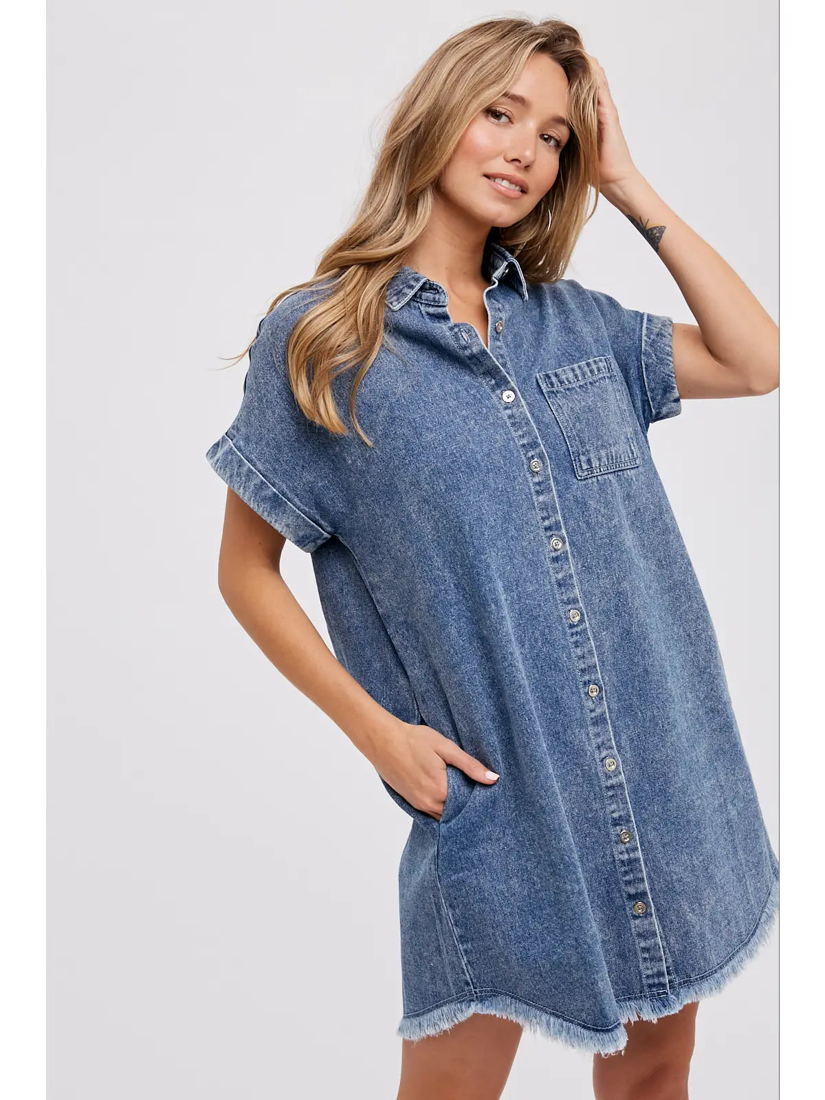 Frayed Hem Denim Shirt Dress