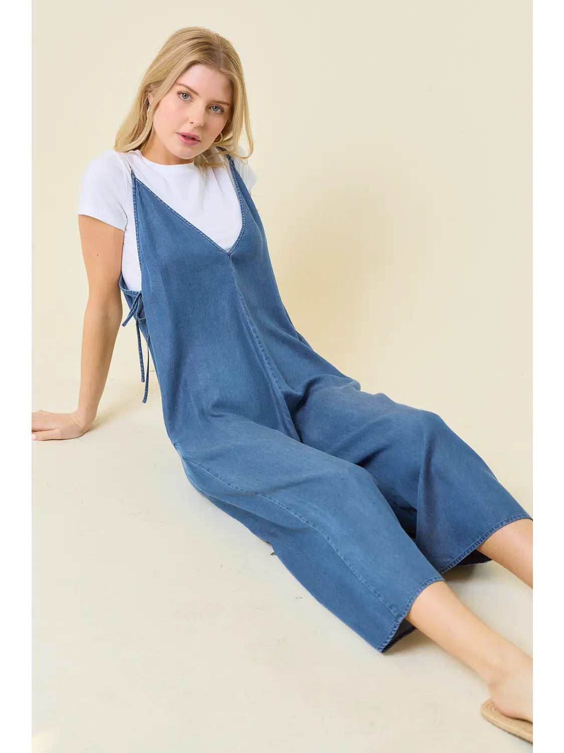 Tencel V-neck Jumpsuit in Medium Denim