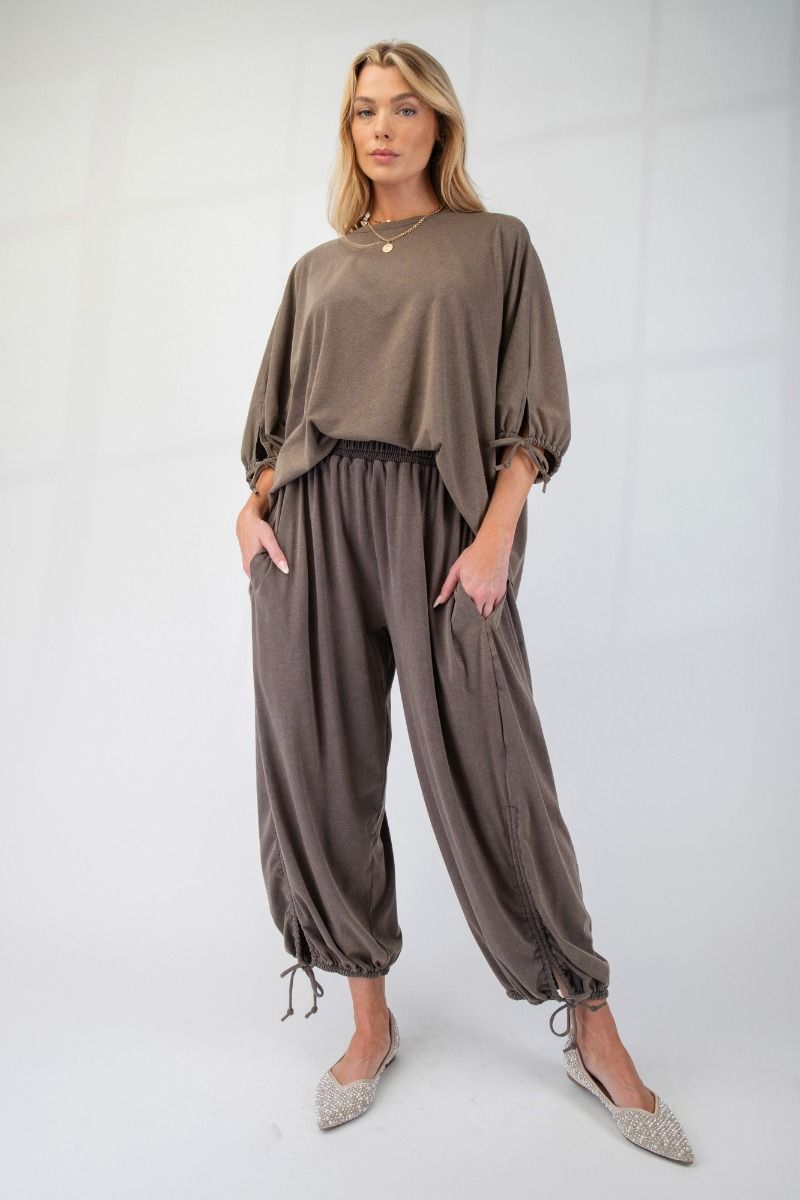 Mineral Washed Tie Hem Detail Pants in Ash