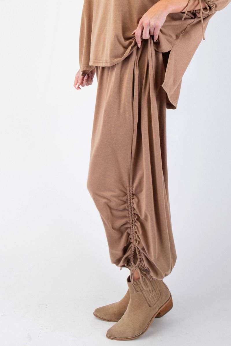 Mineral Washed Tie Hem Detail Pants in Latte