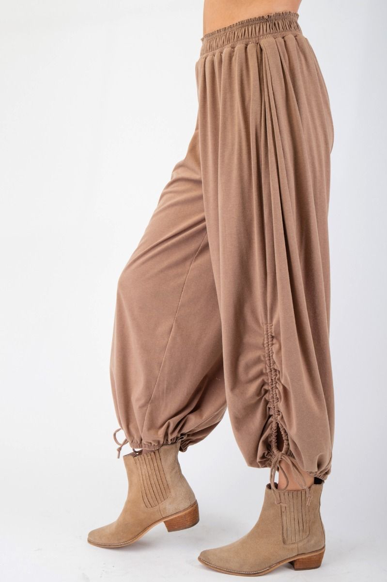 Mineral Washed Tie Hem Detail Pants in Latte