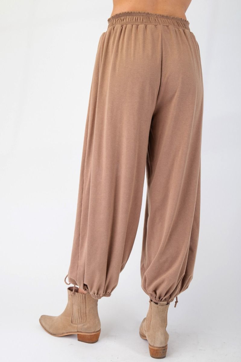 Mineral Washed Tie Hem Detail Pants in Latte