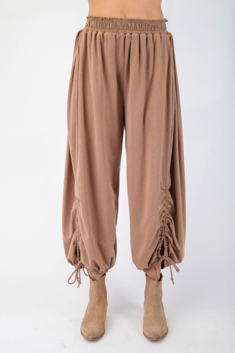 Mineral Washed Tie Hem Detail Pants in Latte