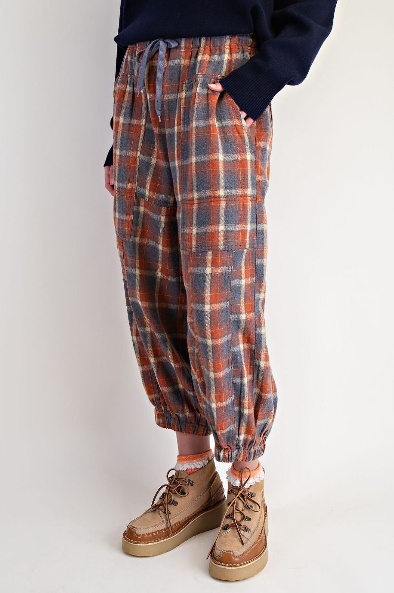 Plaid Cropped Flannel Pants in Rust/Grey