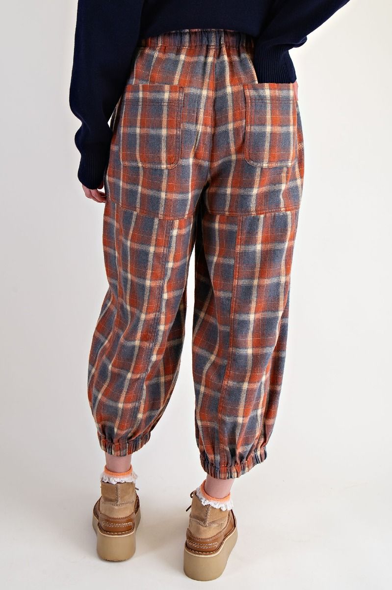 Plaid Cropped Flannel Pants in Rust/Grey