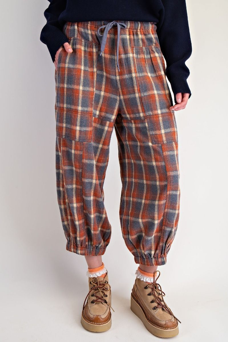 Plaid Cropped Flannel Pants in Rust/Grey