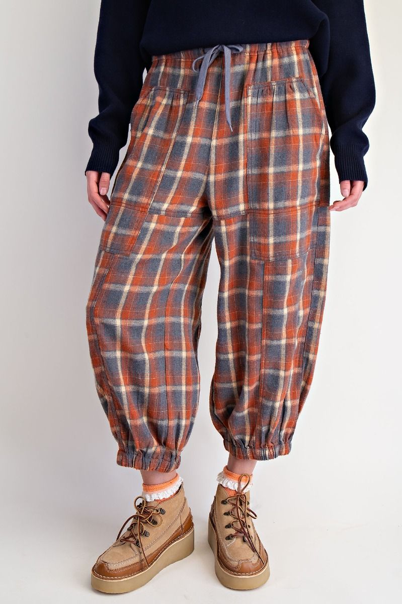 Plaid Cropped Flannel Pants in Rust/Grey