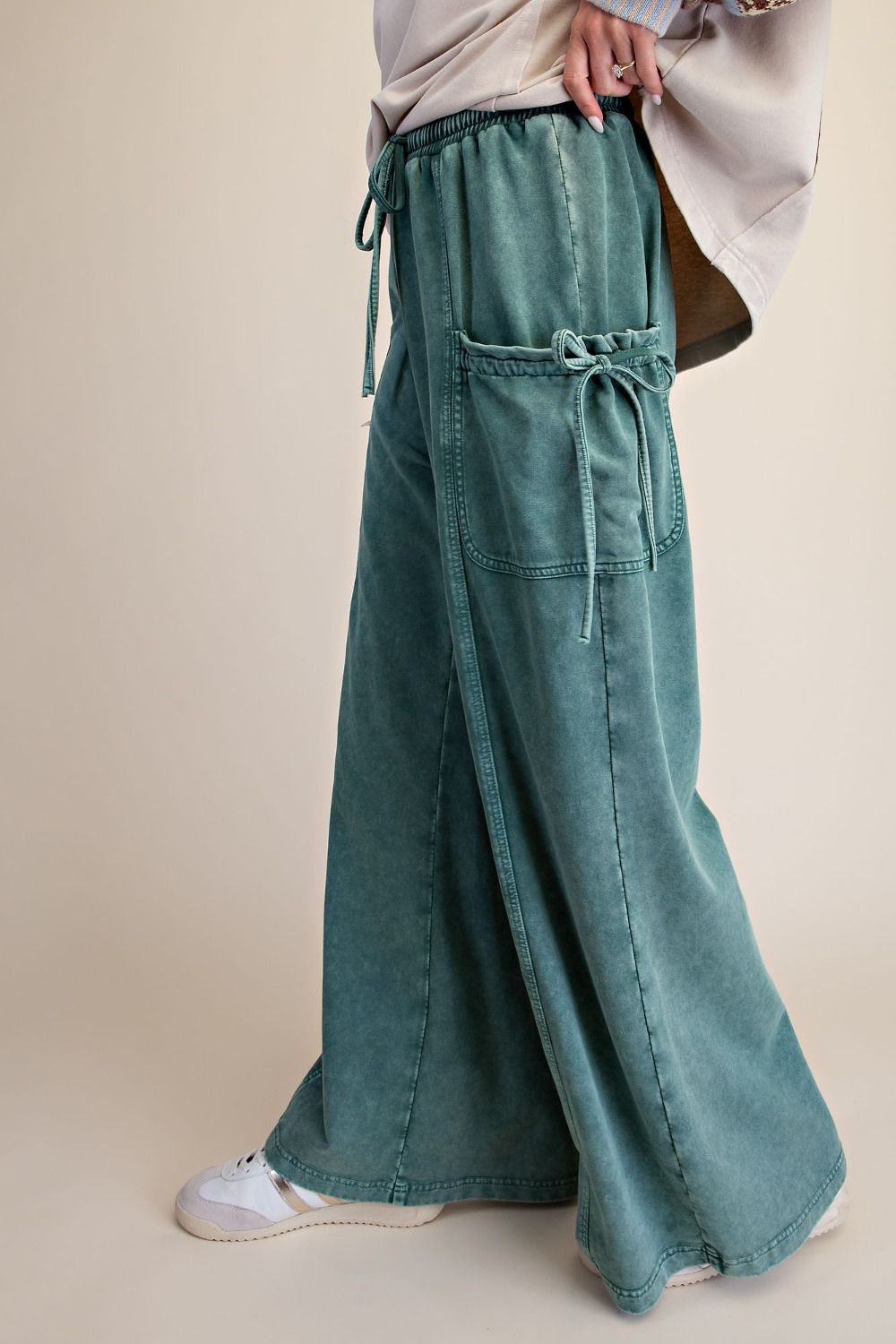 French Terry Wide Leg Cargo Pants in Pine Green