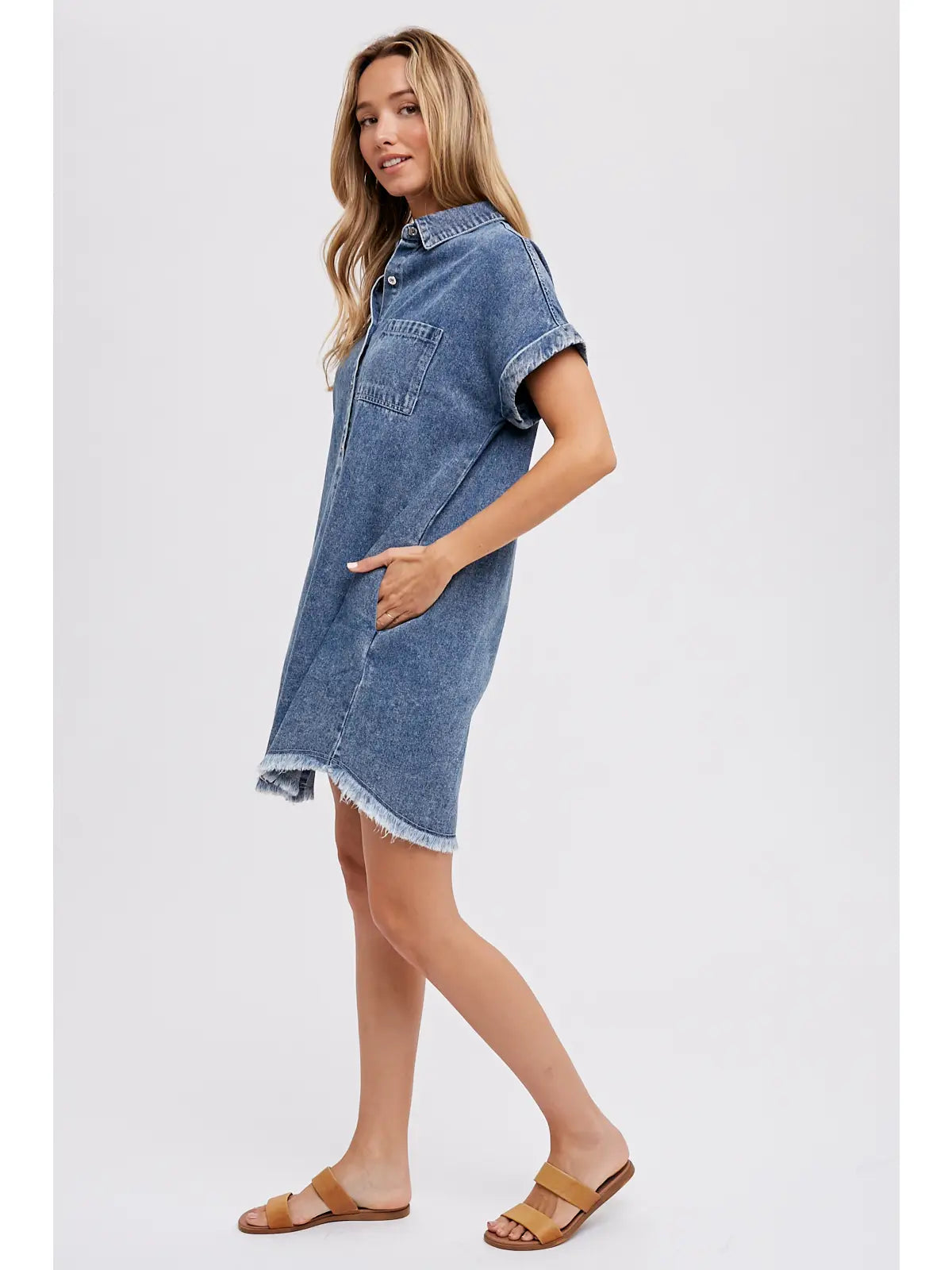 Frayed Hem Denim Shirt Dress