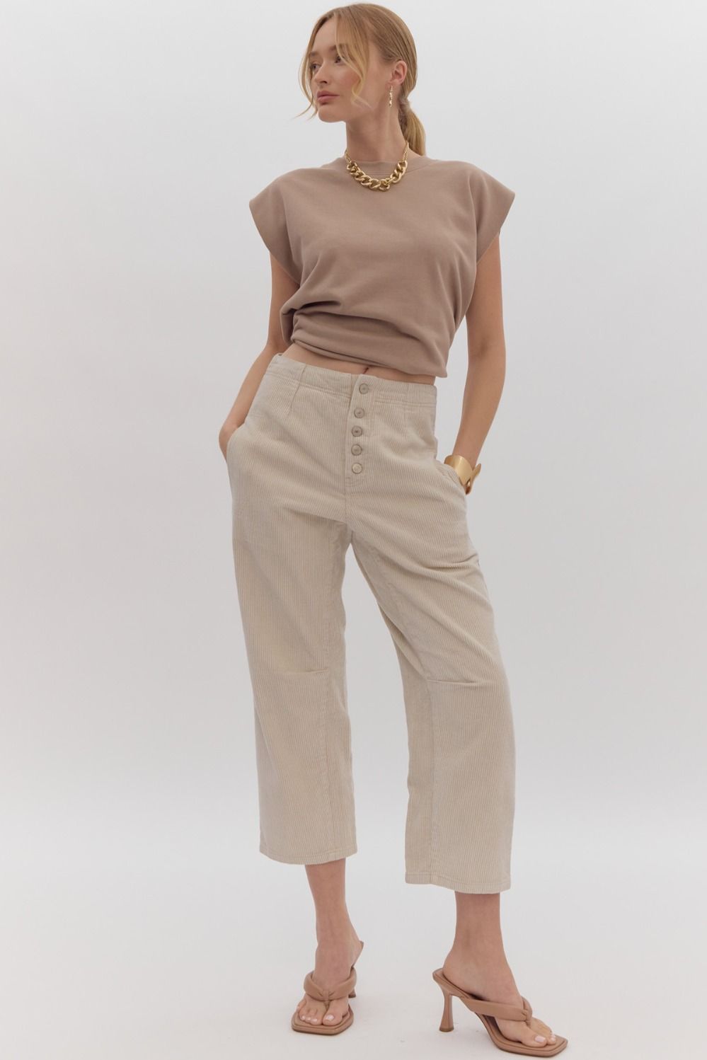 Corduroy Barrel Mid-Rise Jeans in Sand