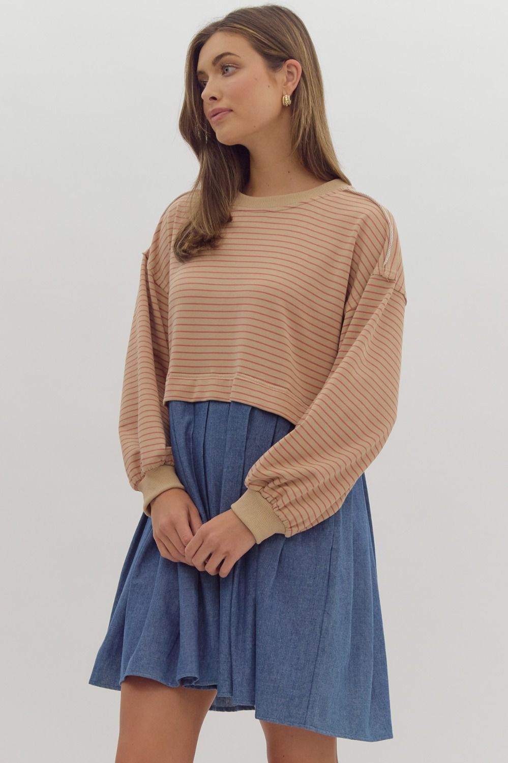 Striped Long Sleeve Twofer Dress in Taupe