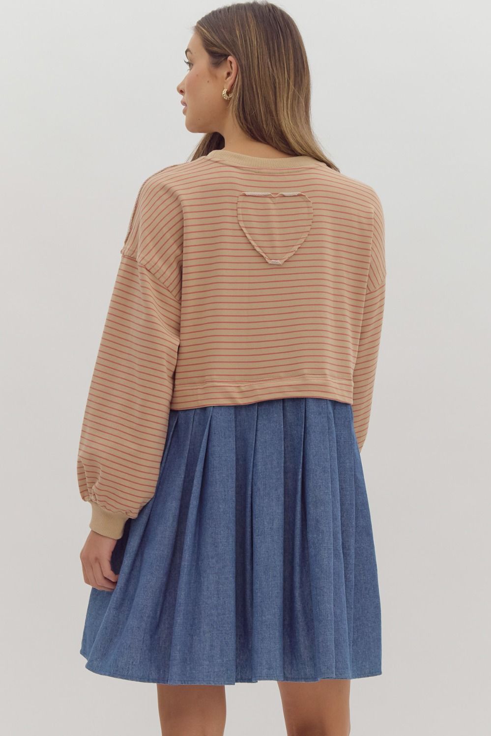 Striped Long Sleeve Twofer Dress in Taupe