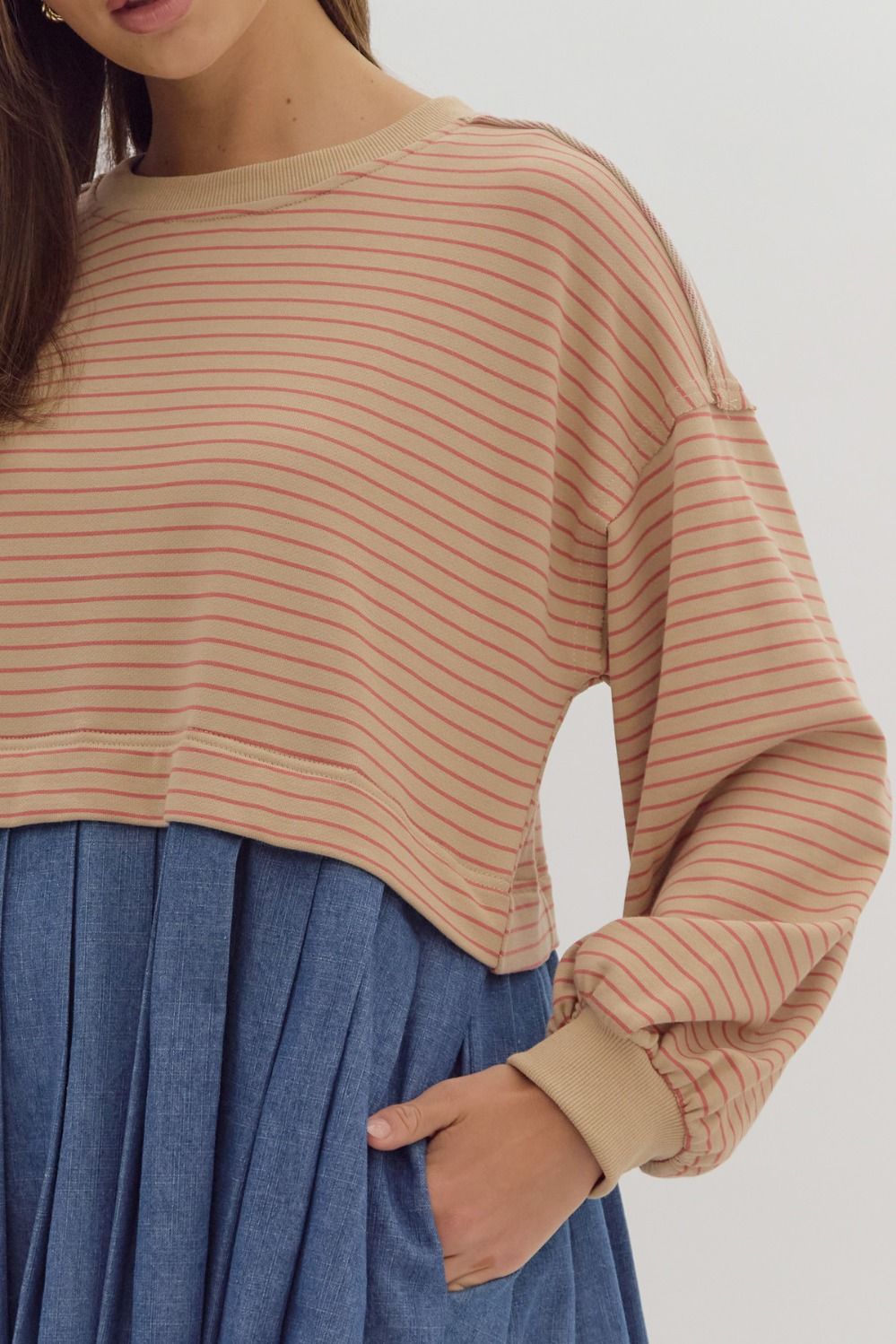 Striped Long Sleeve Twofer Dress in Taupe