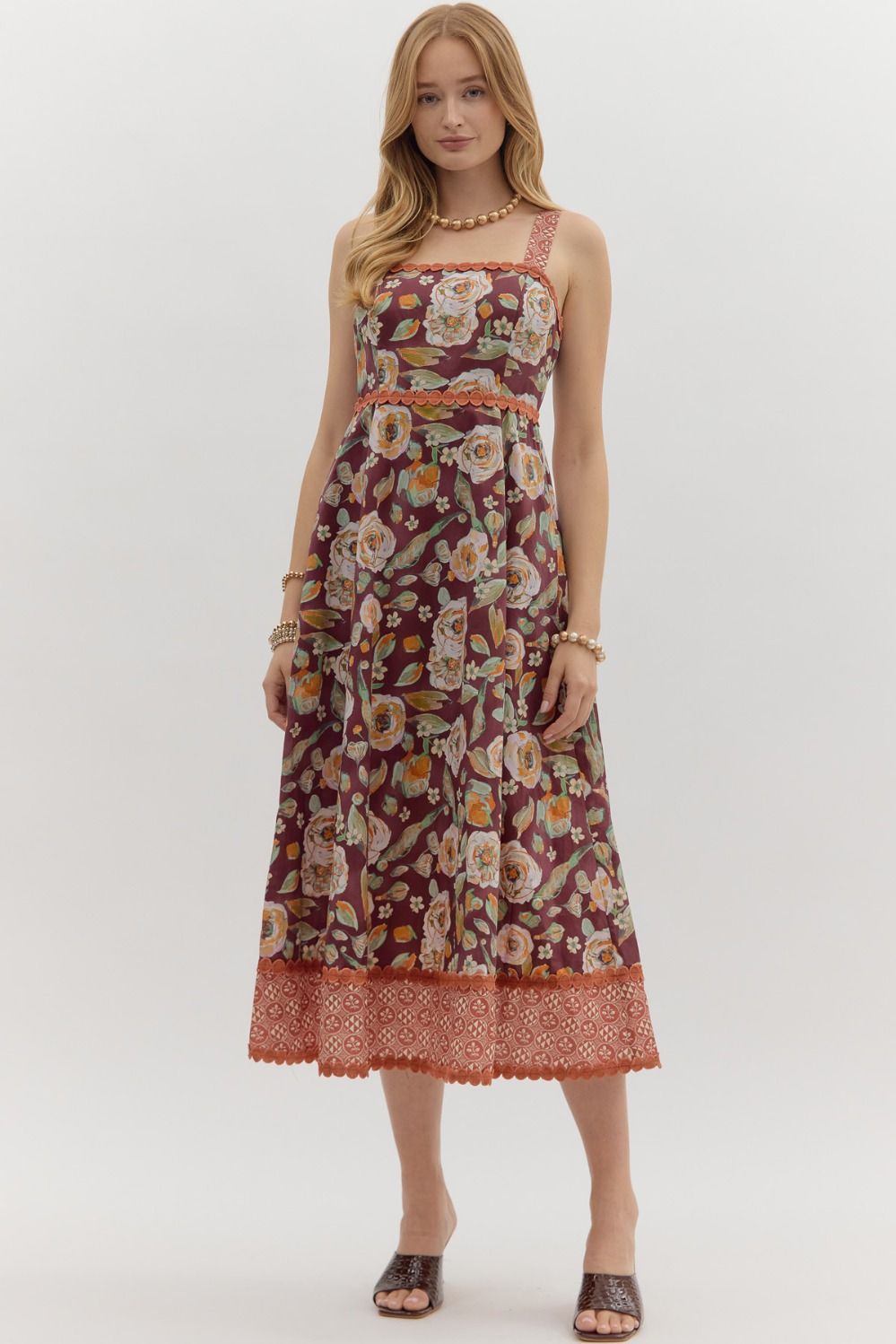 Floral Print Midi Dress in Burgundy