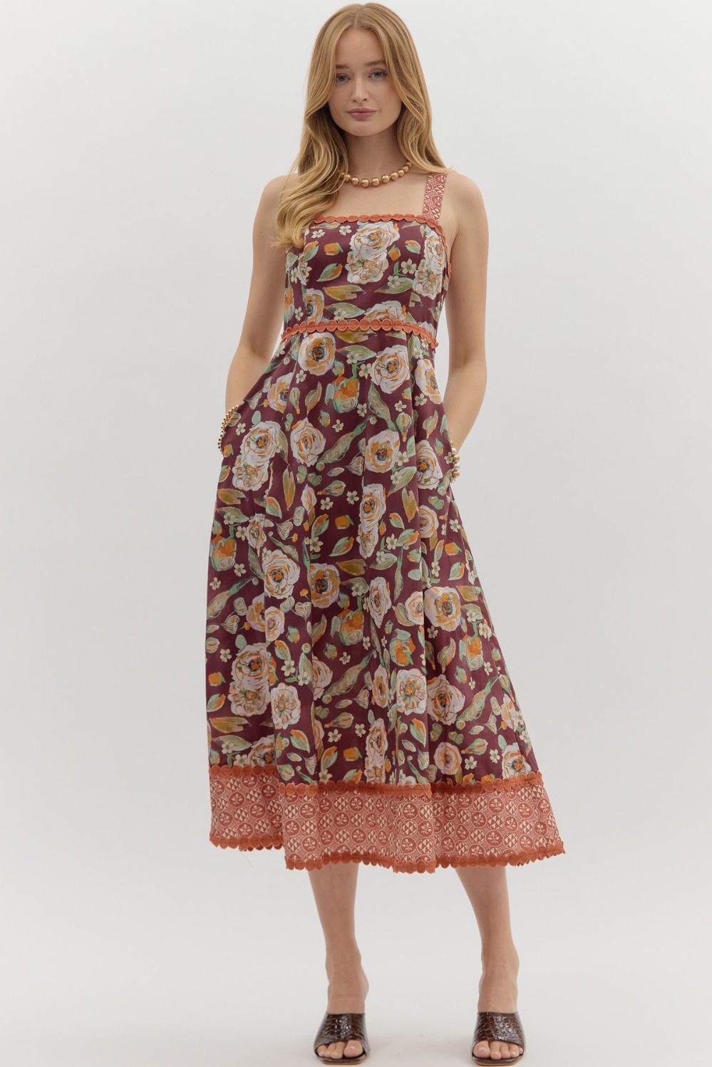 Floral Print Midi Dress in Burgundy