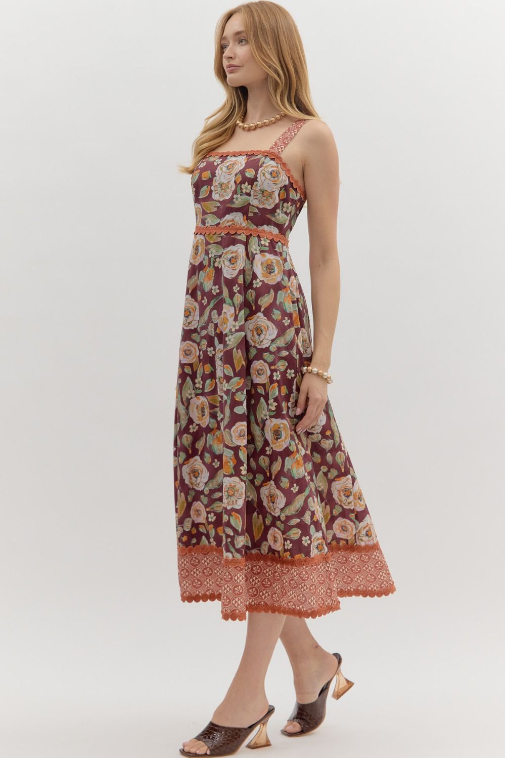 Floral Print Midi Dress in Burgundy