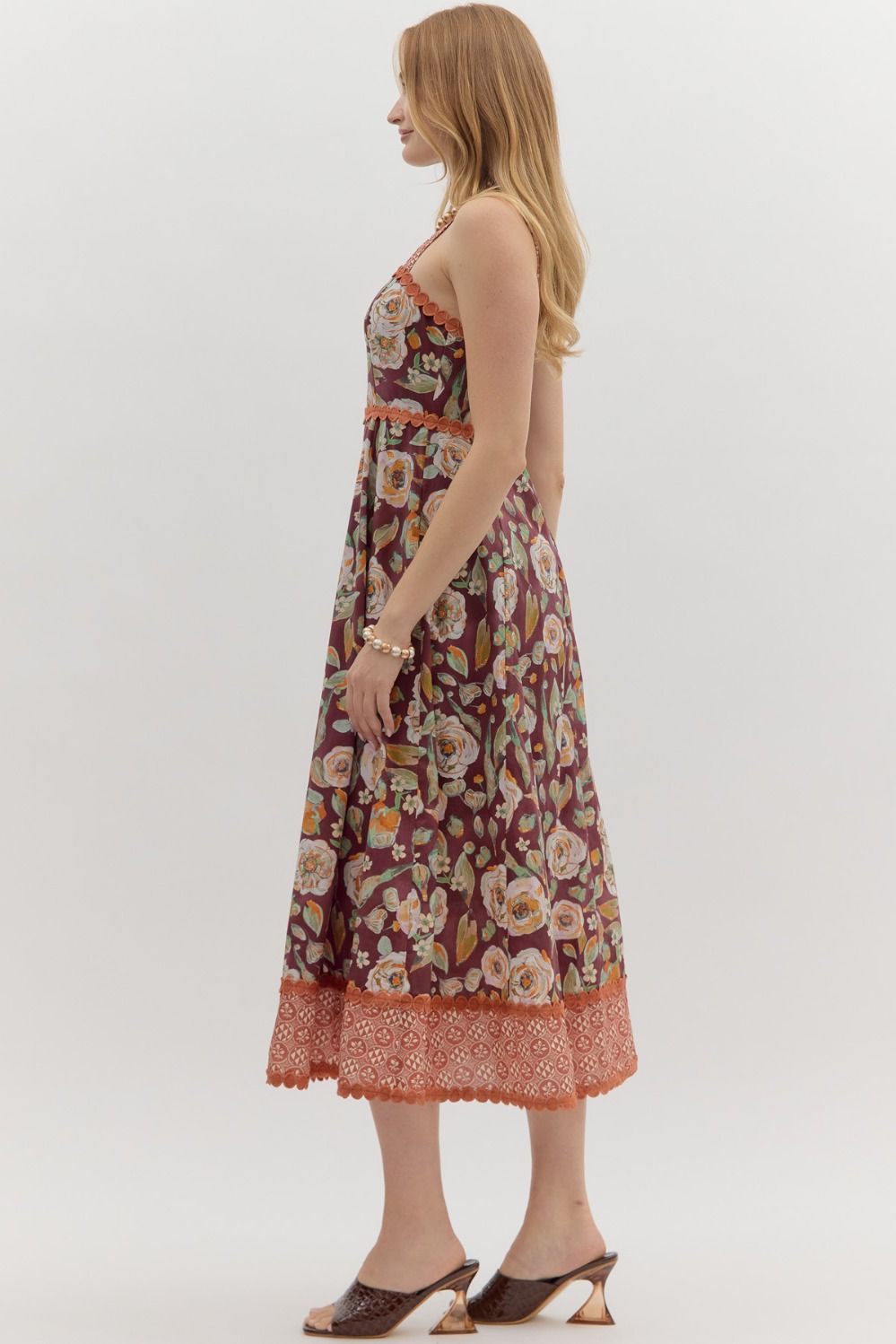 Floral Print Midi Dress in Burgundy