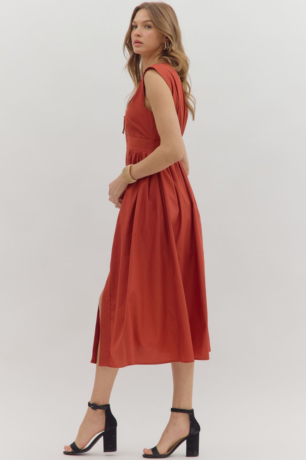 V-Neck Midi Dress in Brick